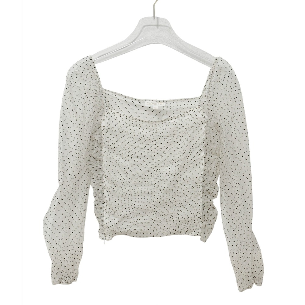 Cloud‎ Ten - Size Medium - Polka Dot Ruched Mesh Square Neck Top Ivory Black